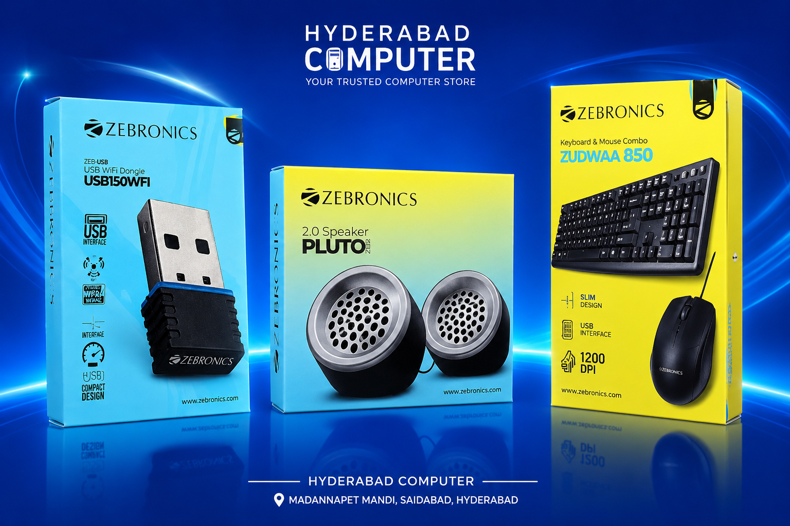 Zebronics WiFi dongle, 2.0 speakers and keyboard-mouse combo boxes