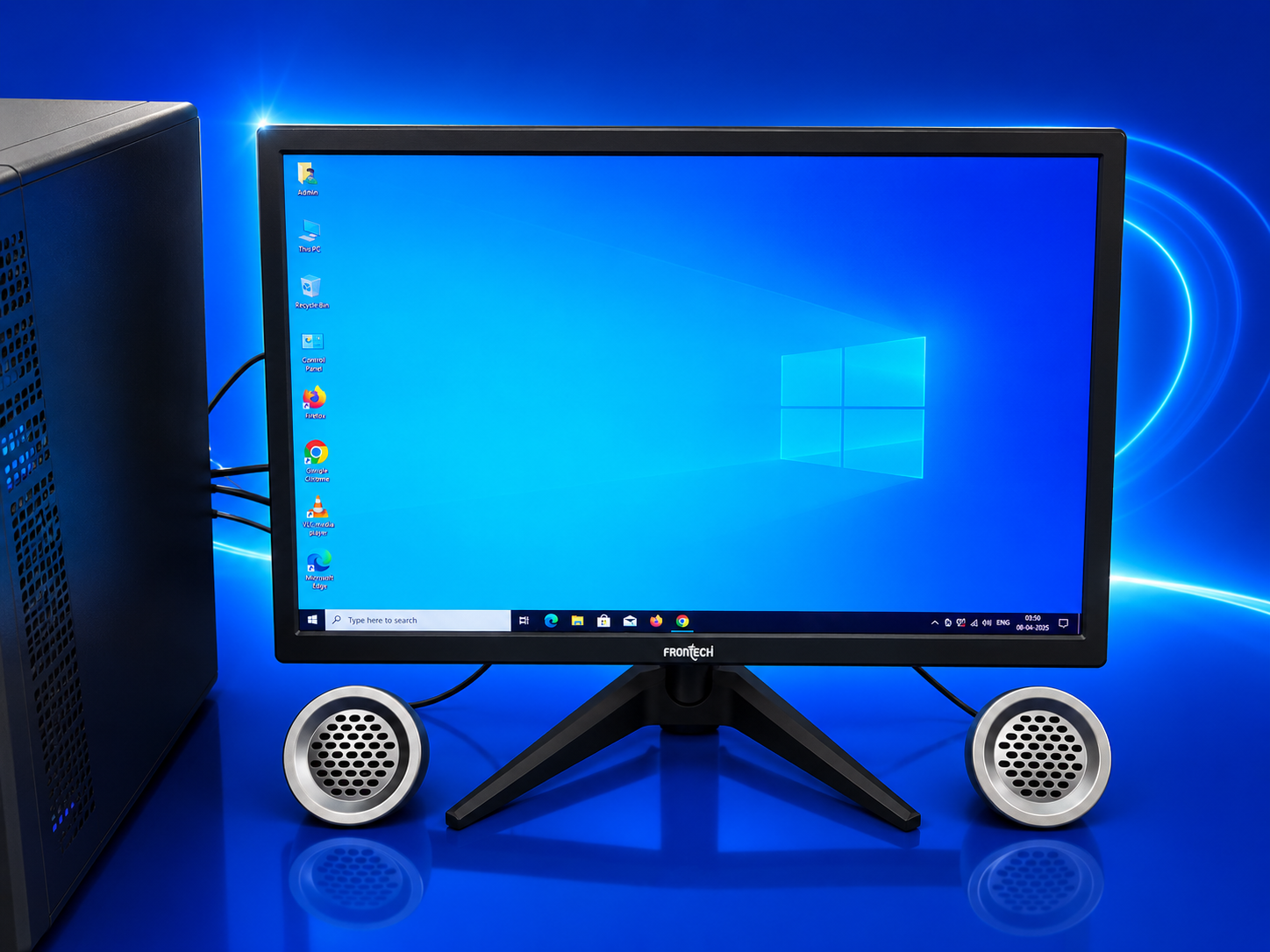 Frontech LED monitor with Zebronics speakers on either side